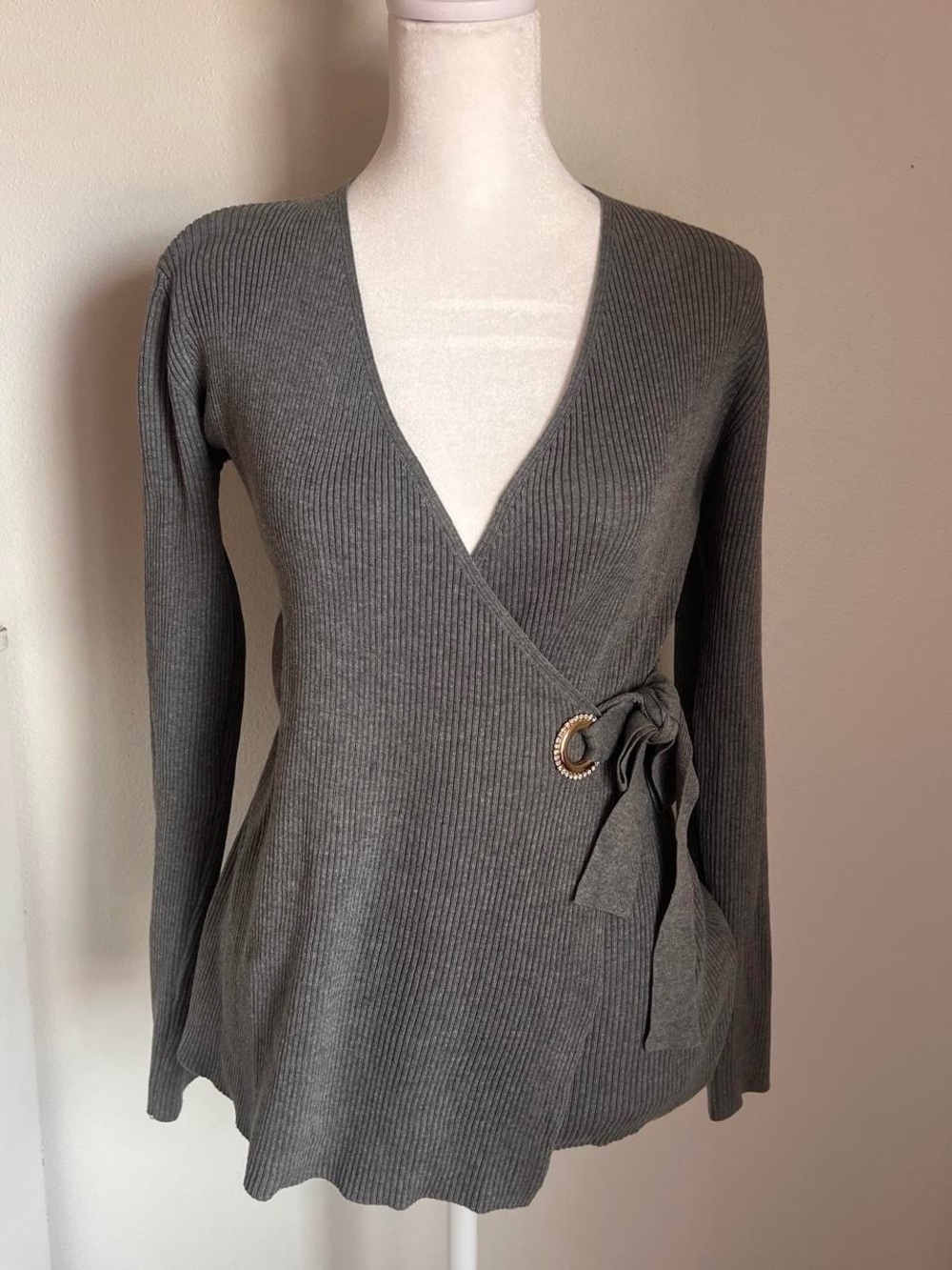 Ribbed Wrap-Front Sweater with Buckle Tie - Gray